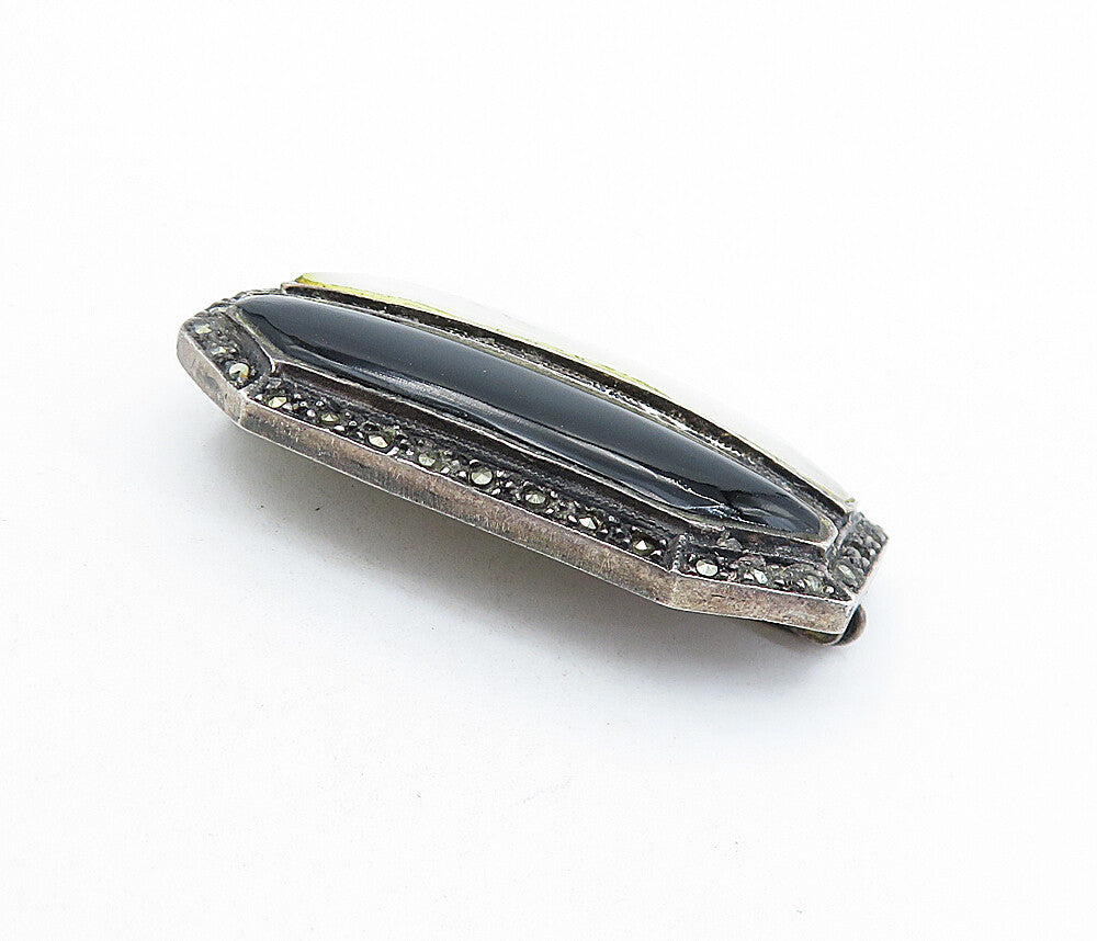 925 Sterling Silver  Vintage Mother Of Pearl & Black Onyx Brooch Pin  BP2336