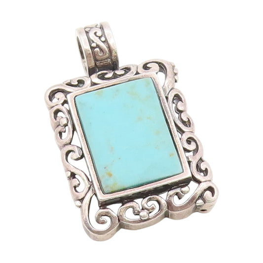925 Sterling Silver Vintage Pendant Blue Turquoise Rectangle Scrollwork  PT25827