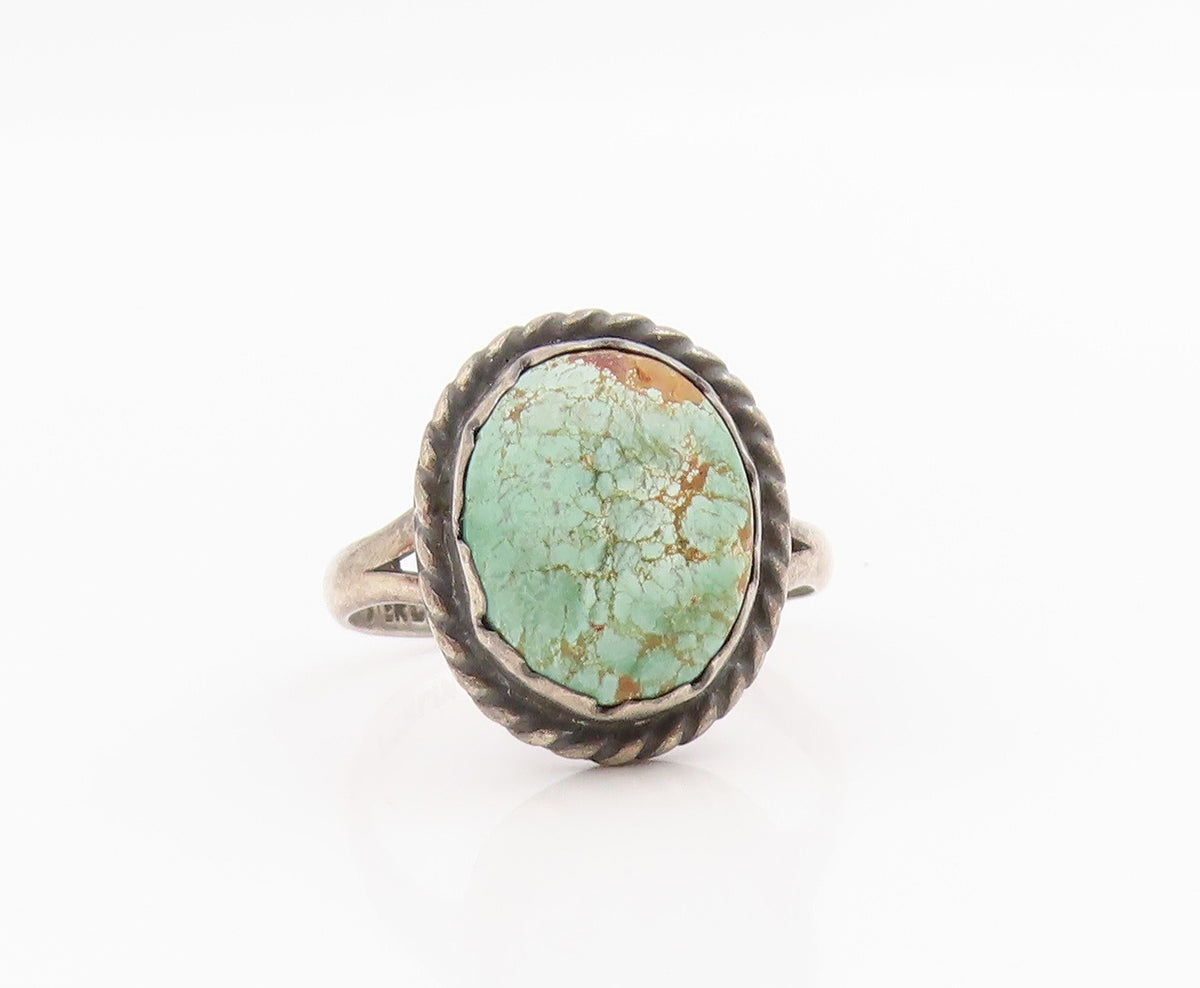 925 Sterling Silver Vintage Ring Green Turquoise Halo Rope Edge  Sz 8.5  RG34196