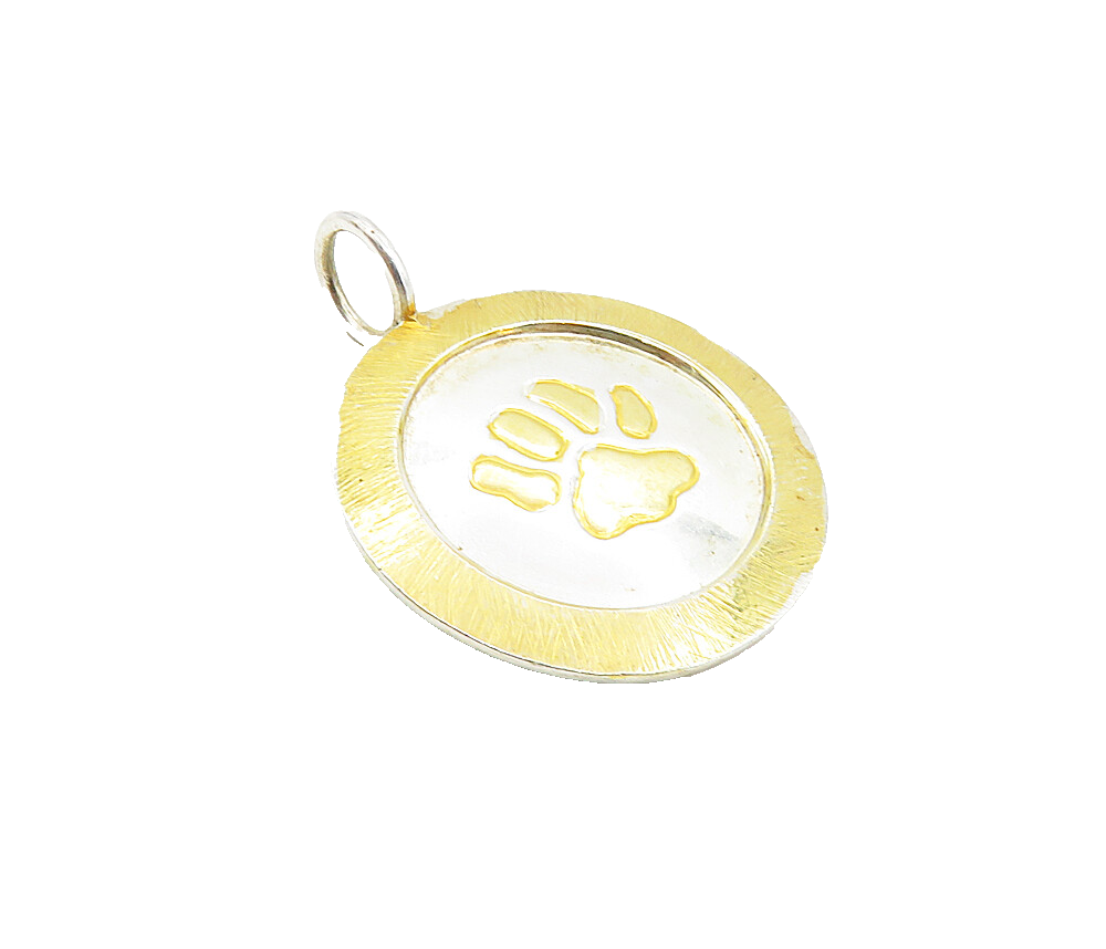 925 Sterling Silver  Vintage Shiny Two Tone Paw Print Drop Pendant  PT6418