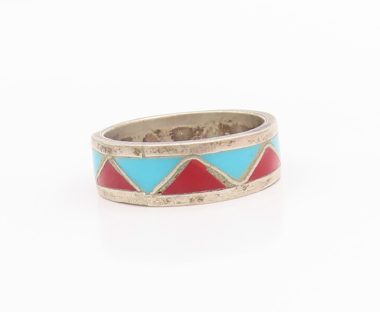 925 Sterling Silver Vintage Ring Triangle Larimar & Gemstone Inlay Sz 7  RG33185