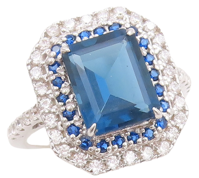 925 Sterling Silver Vintage Ring Designer Rectangle Sapphire & CZ  Sz 7  RG30665