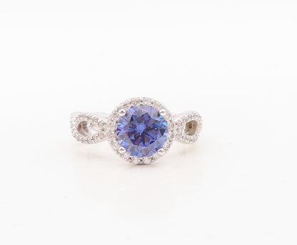 925 Sterling Silver Vintage Ring Round Sapphire Halo CZ Cutout Band Sz 7 RG30412