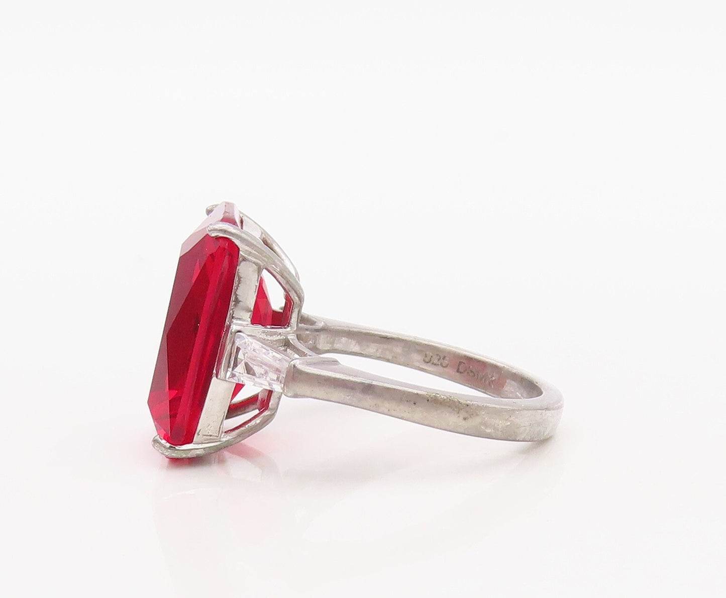 925 Sterling Silver Vintage Ring Rectangle Cut Red & White CZ  Sz 6.5  RG30046