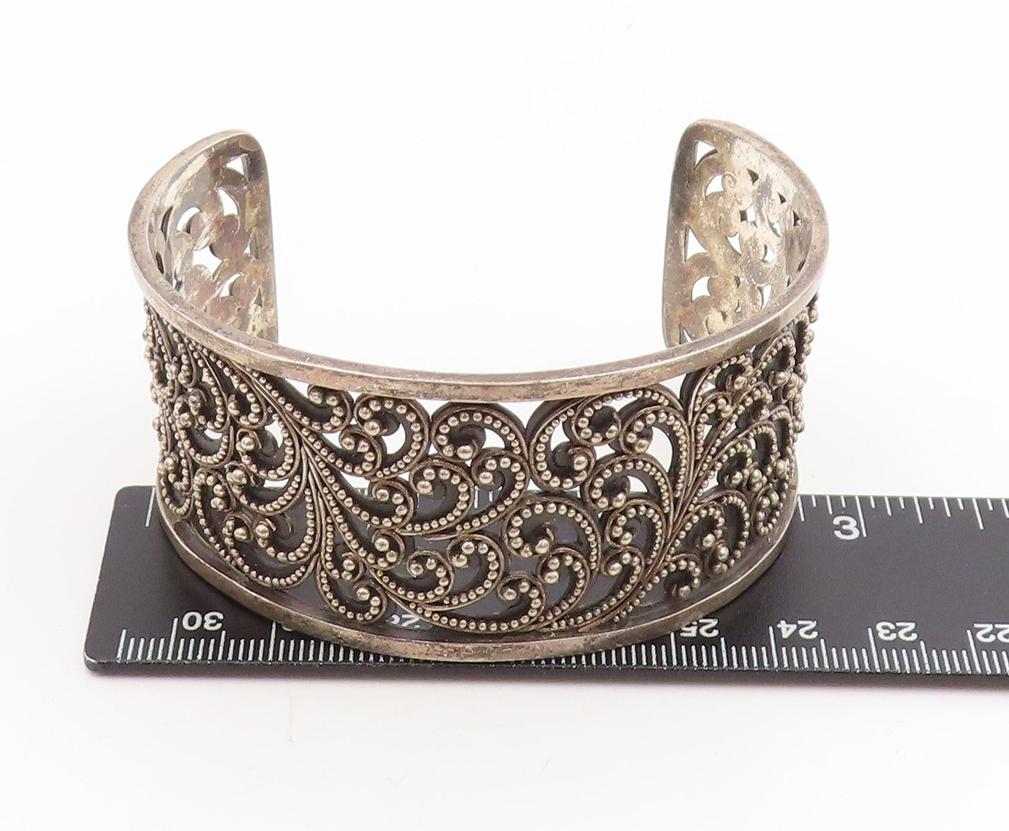 925 Sterling Silver Vintage Bracelet Lois Hill Beaded Scrollwork Cuff  BT11440