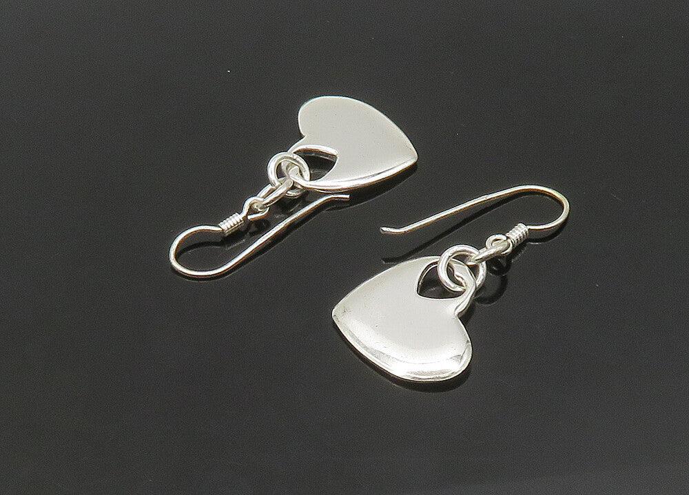 925 Sterling Silver  Vintage Shiny Smooth Love Heart Dangle Earrings  EG10749