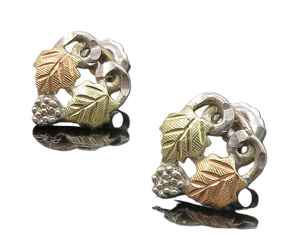 925 Silver & 12K GOLD  Vintage 2 Tone Floral Leaf Shiny Drop Earrings  EG8070