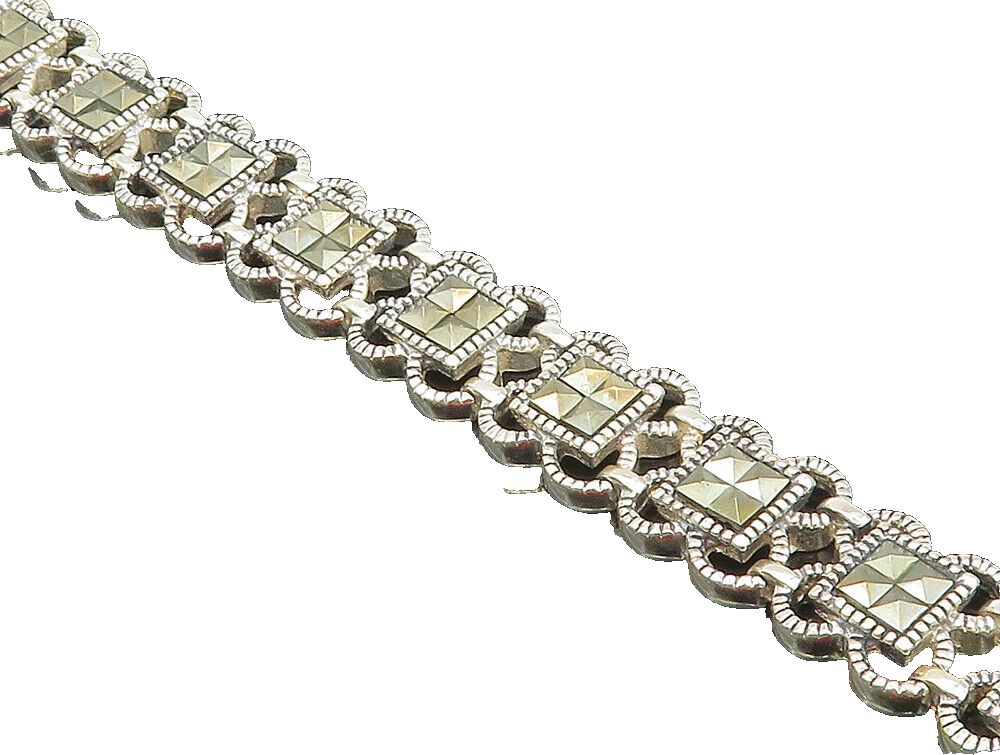 925 Sterling Silver  Marcasite Linked Floral Tennis Bracelet  BT1012