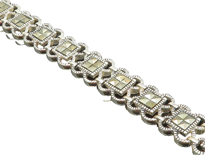 925 Sterling Silver  Marcasite Linked Floral Tennis Bracelet  BT1012