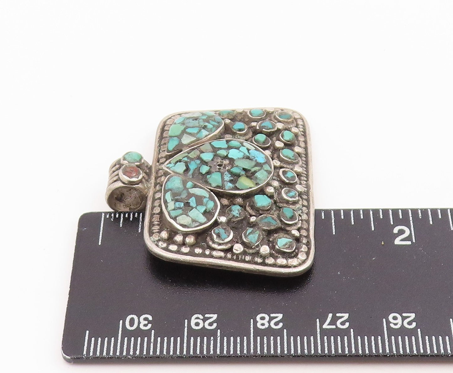 925 Sterling Silver Vintage Pendant Classic Crushed Turquoise Inlay  PT26237