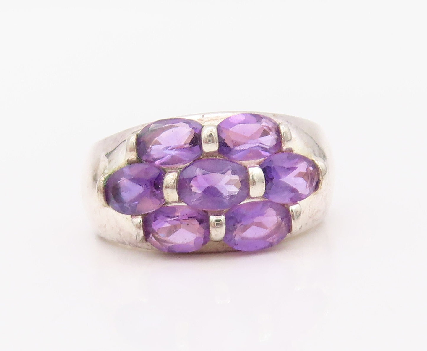 925 Sterling Silver Vintage Ring Solid Oval Amethyst Floral Inlay SZ 8 RG32092