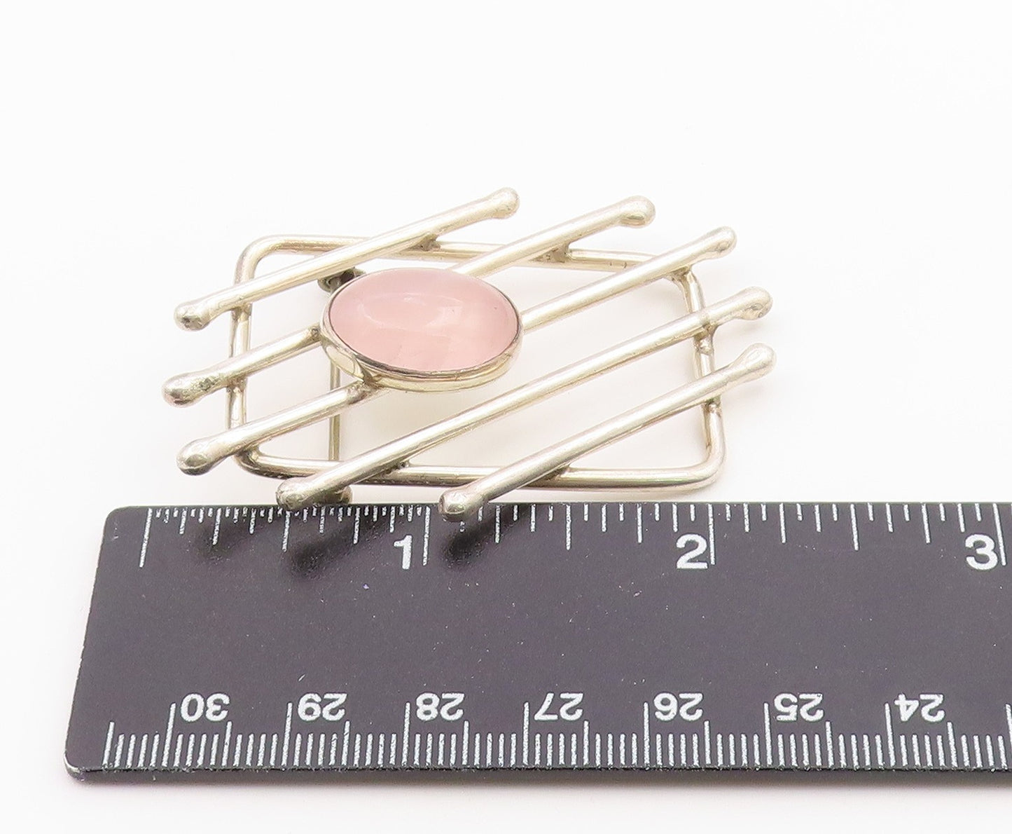 925 Sterling Silver Vintage Brooch Pin Rose Quartz Geometric Lattice  BP12596