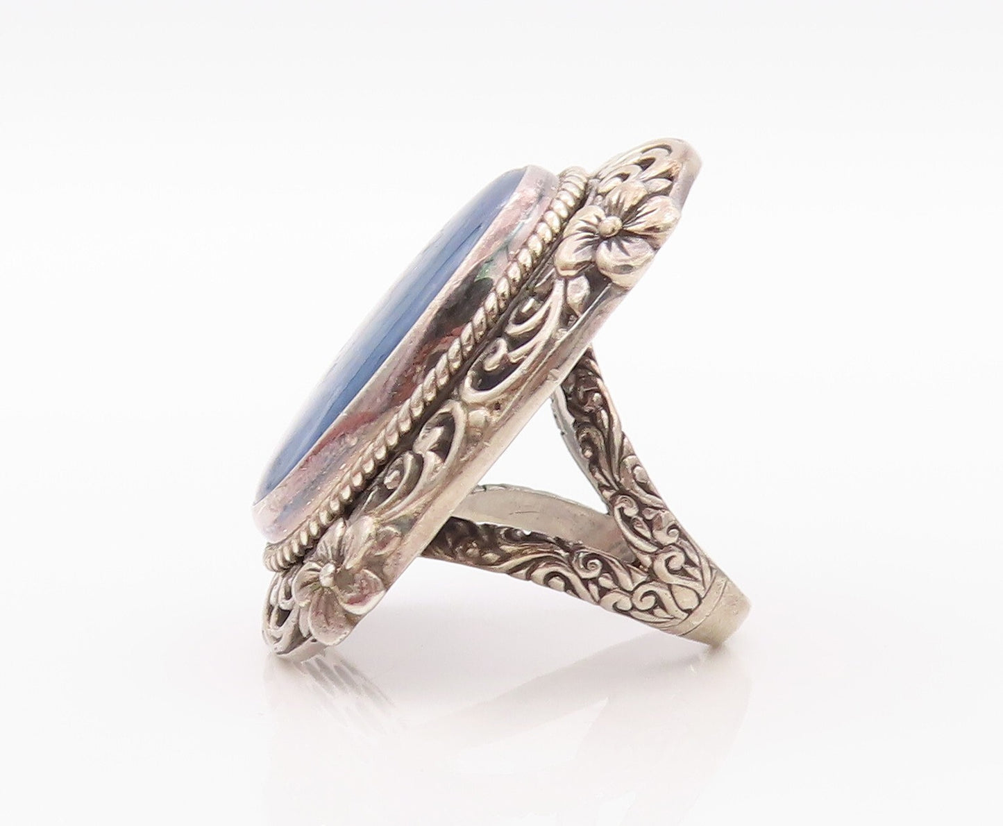 925 Sterling Silver Vintage Ring Oval Gemstone Floral Carved  SZ 6.5  RG32080
