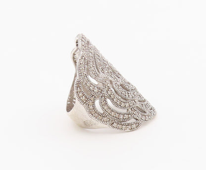 925 Sterling Silver Vintage Ring CZ Pave Intricate Openwork Rose Sz 7.5 RG36631