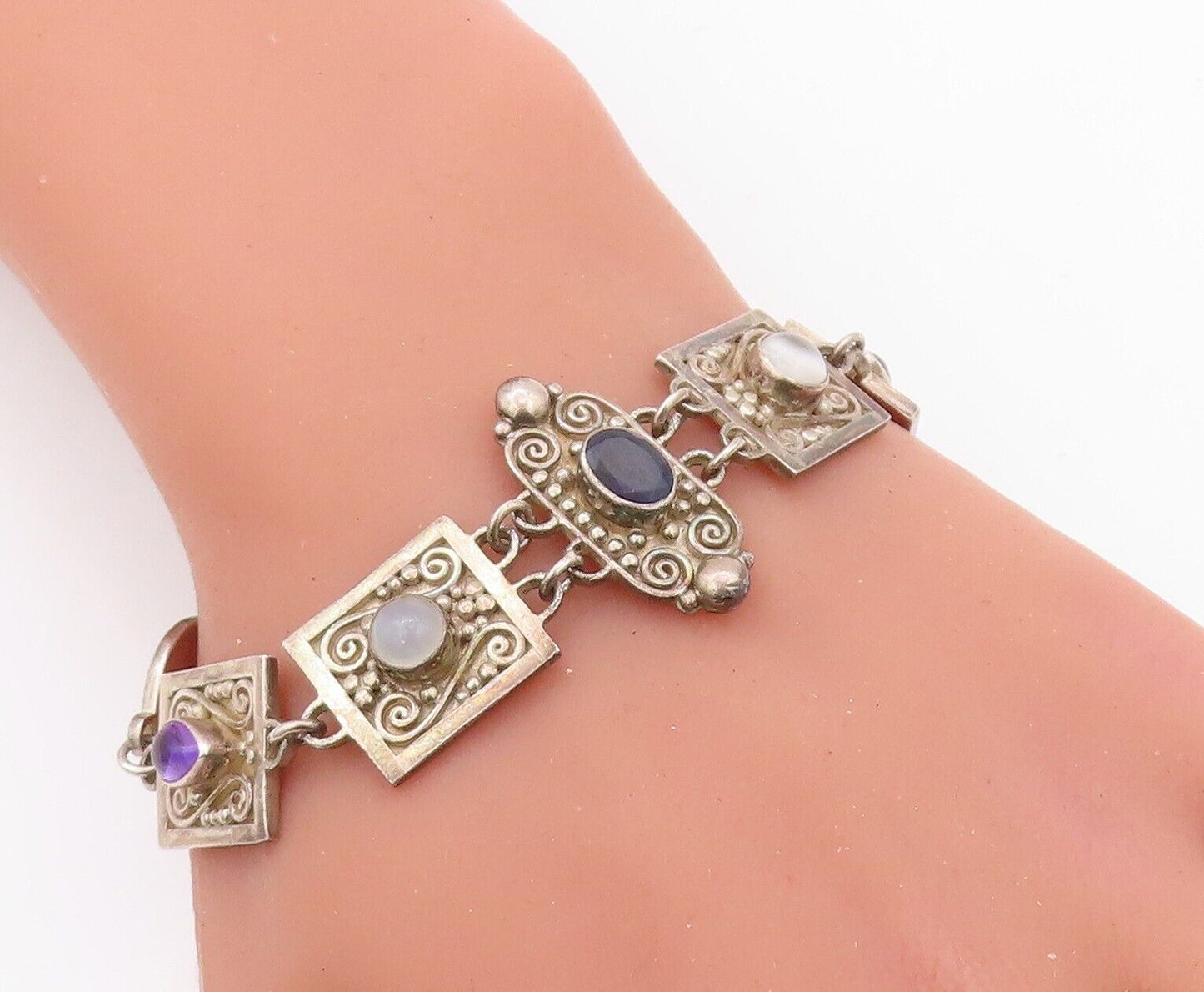 925 Sterling Silver Vintage Bracelet Antique Swirly Carved Gemstones  BT10804