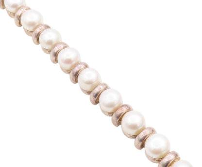925 Sterling Silver Vintage Bracelet Disk & Pearl Band  BT11348