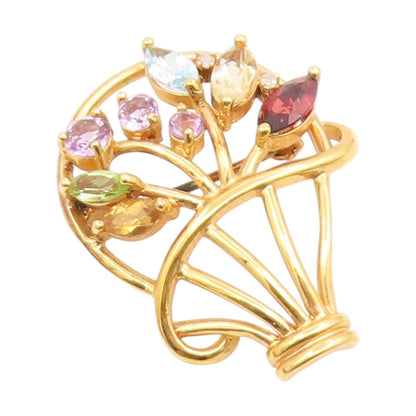925 Sterling Silver Vintage Brooch Gold Plated Gemstone Floral Basket  BP12412