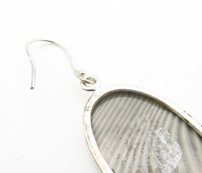925 Sterling Silver  Vintage Striped Grey Agate Shiny Drop Earrings  EG3158