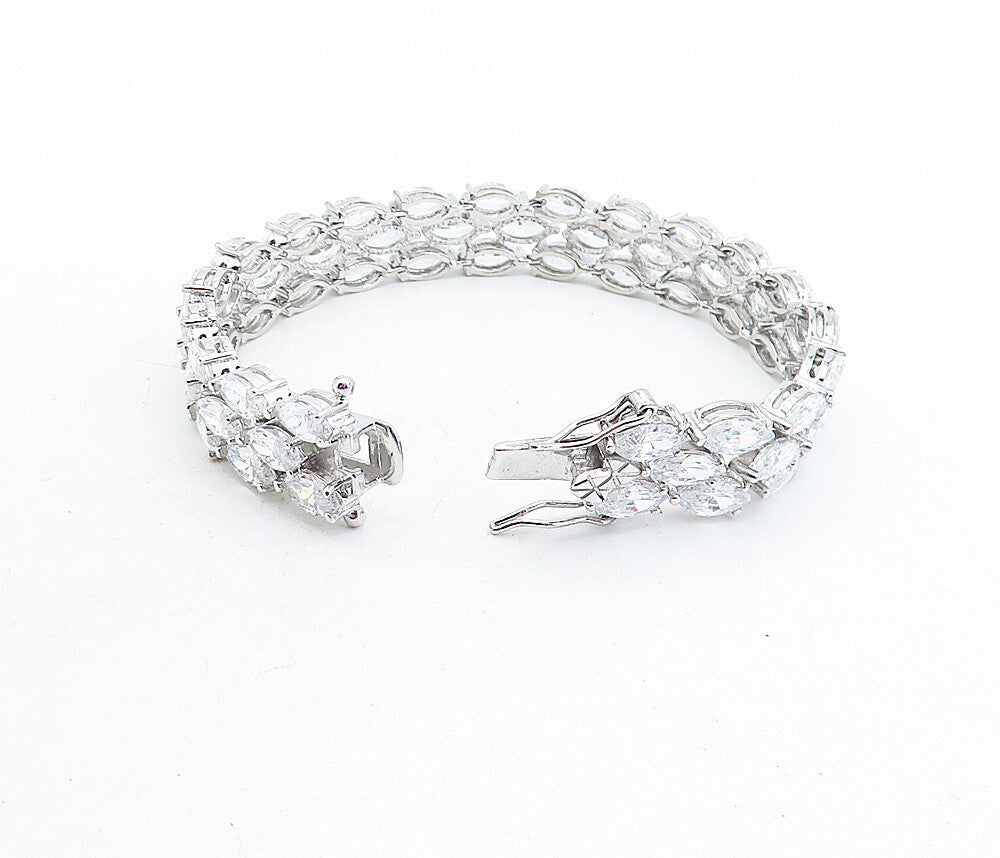 925 Sterling Silver Sparkling Cubic Zirconia 3 Row Chain Bracelet BT1931