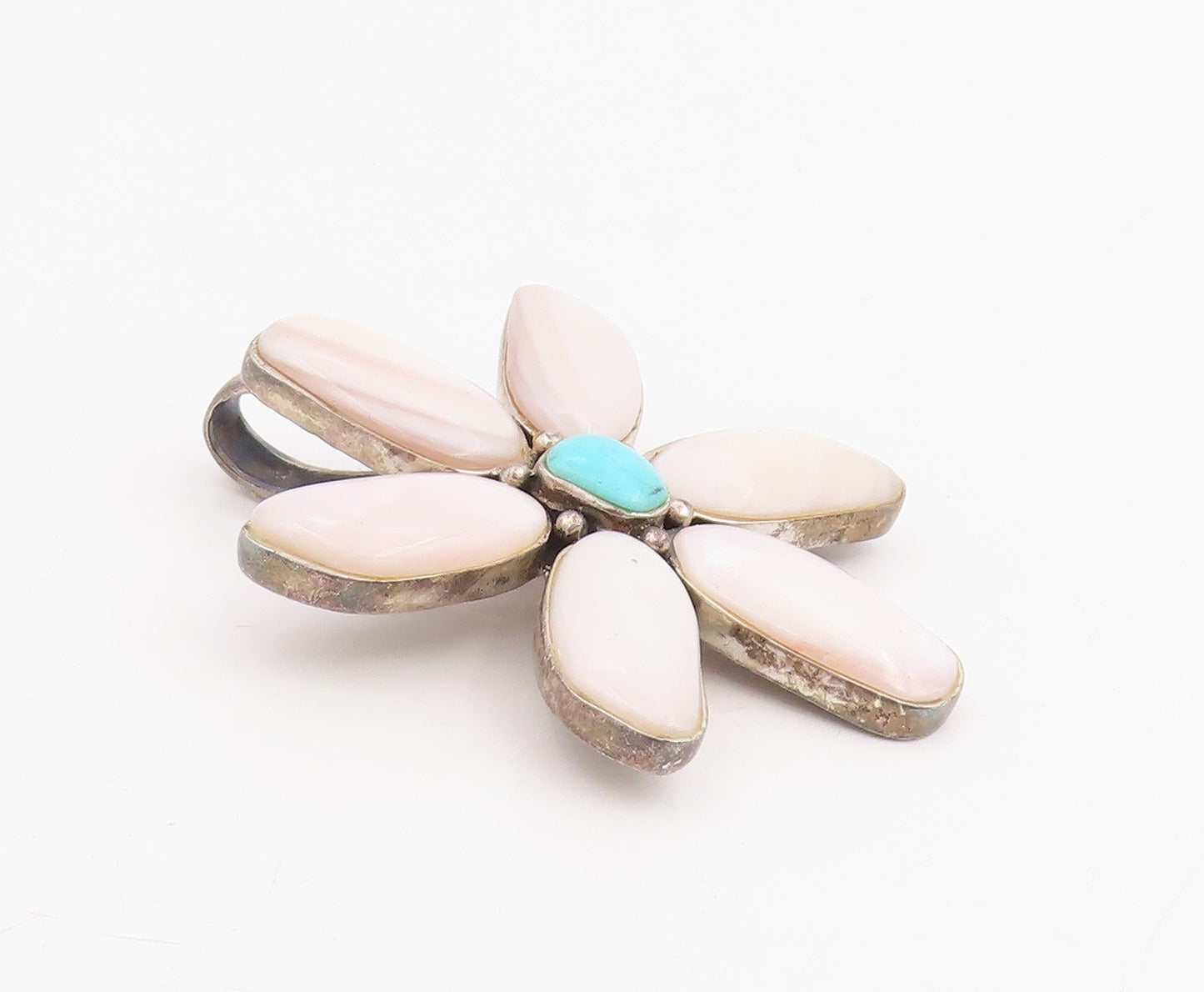 925 Sterling Silver Vintage Pendant Mother OF Pearl & Turquoise Flower  PT25875
