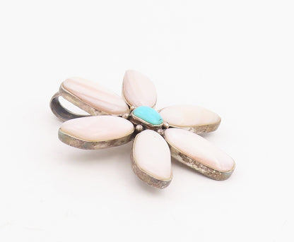 925 Sterling Silver Vintage Pendant Mother OF Pearl & Turquoise Flower  PT25875