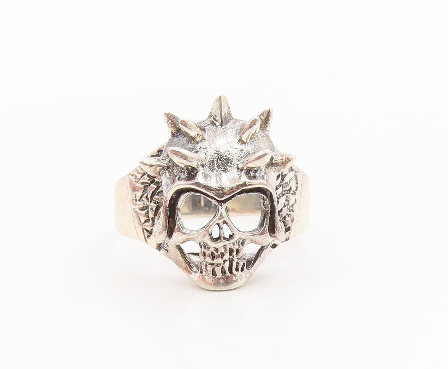 925 Sterling Silver Vintage Ring Carved Gothic Spiky Skull Band  Sz 15  RG36033