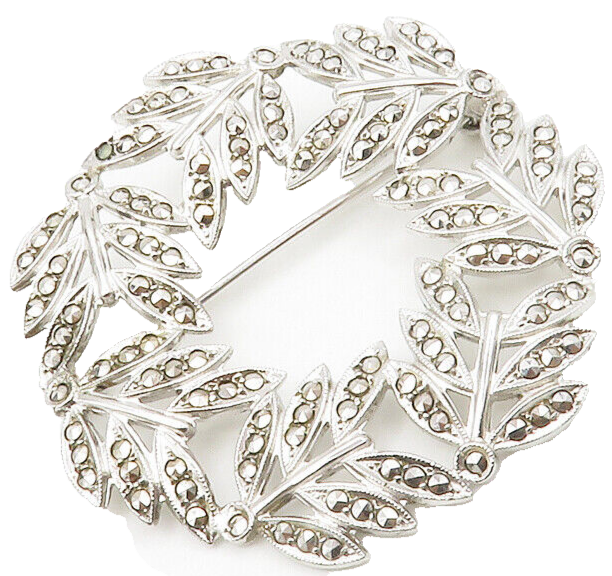 925 Sterling Silver  Vintage Sparkling Floral Wreath Motif Brooch Pin  BP5205