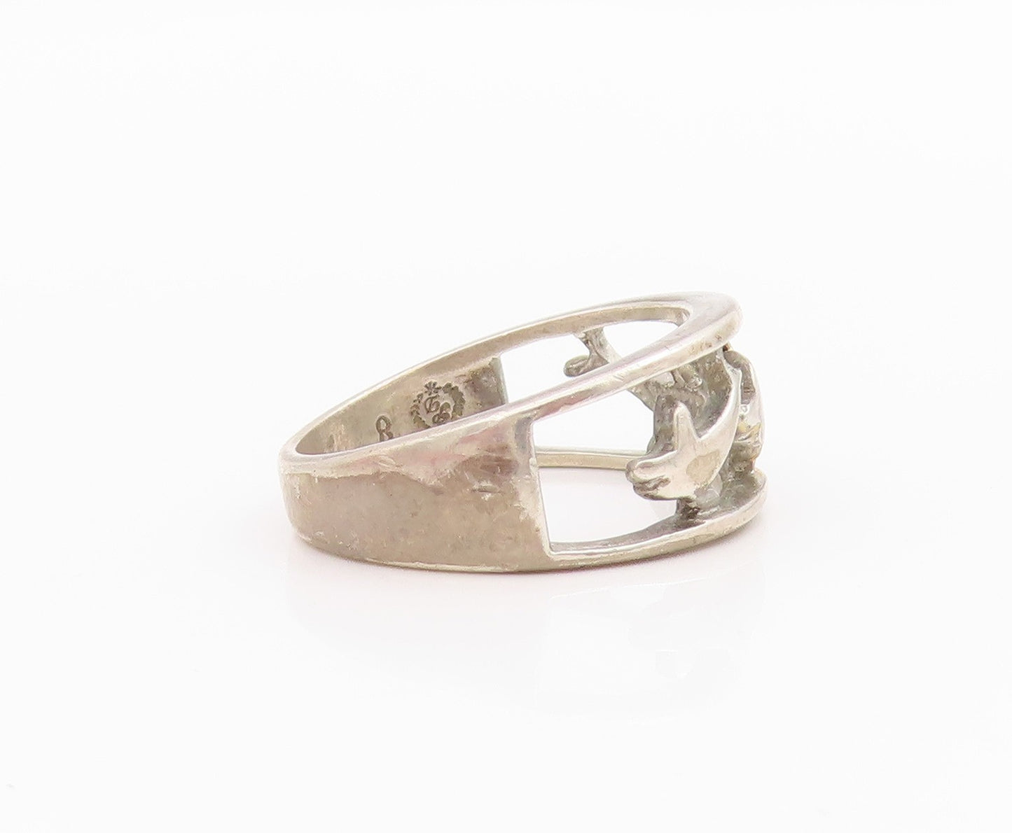 925 Sterling Silver Vintage Ring Cutout Diving Dolphins  Sz 8  RG33259