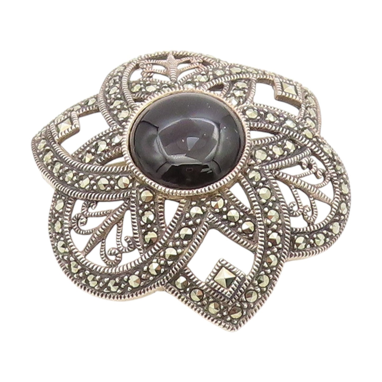 925 Sterling Silver Vintage Brooch Pin JUDITH JACK Onyx Floral Petal  BP12178