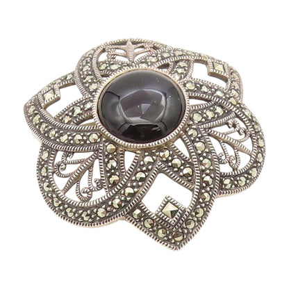 925 Sterling Silver Vintage Brooch Pin JUDITH JACK Onyx Floral Petal  BP12178