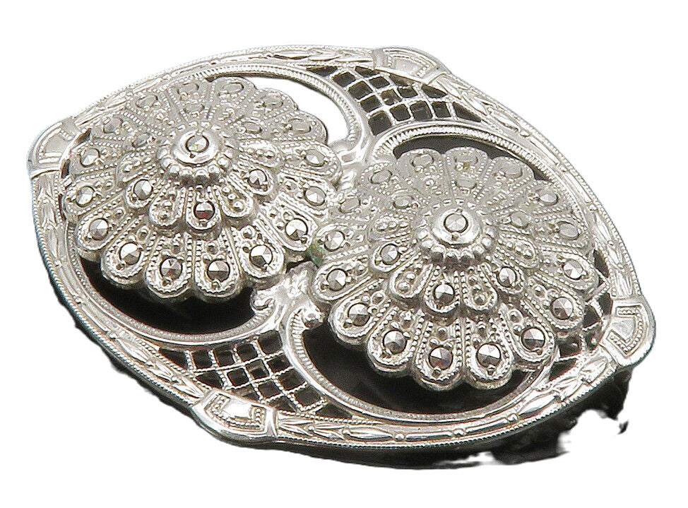925 Sterling Silver  Vintage Shiny Sparkling Floral Design Brooch Pin  BP4862