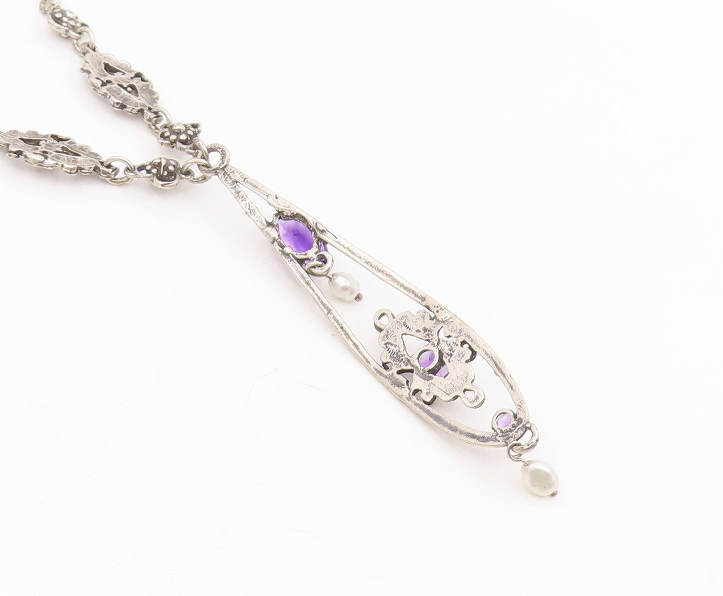 925 Sterling Silver Vintage Necklace Purple Amethyst & Pearl Floral Drop  NE4756
