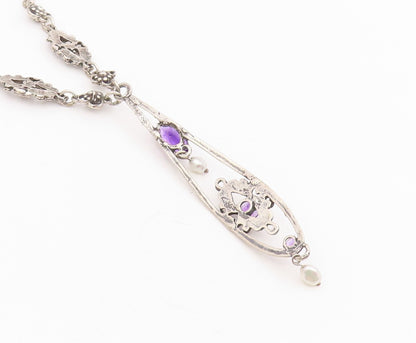 925 Sterling Silver Vintage Necklace Purple Amethyst & Pearl Floral Drop  NE4756