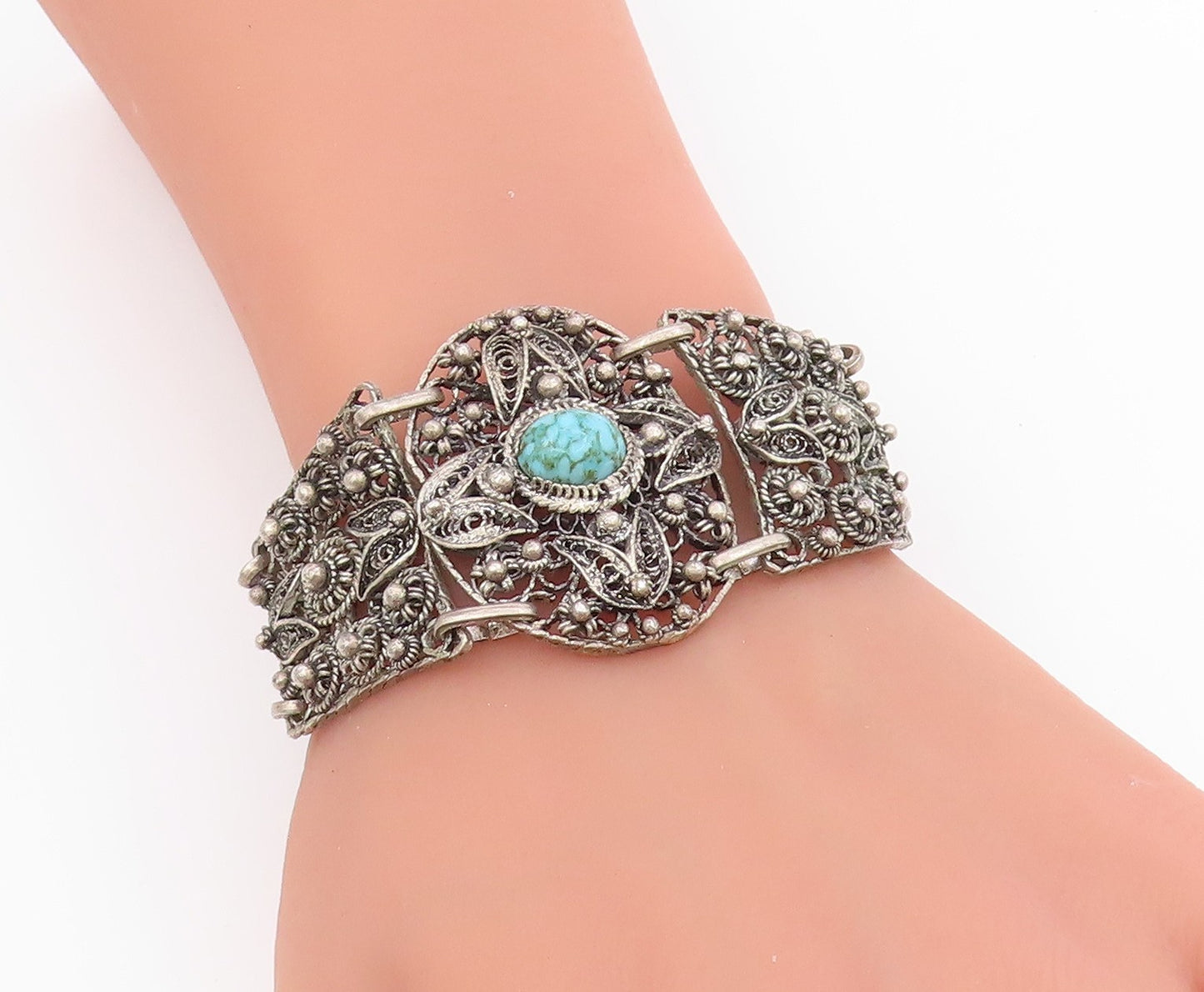925 Sterling Silver Vintage Bracelet Turquoise Intricate Floral Filigree BT11710