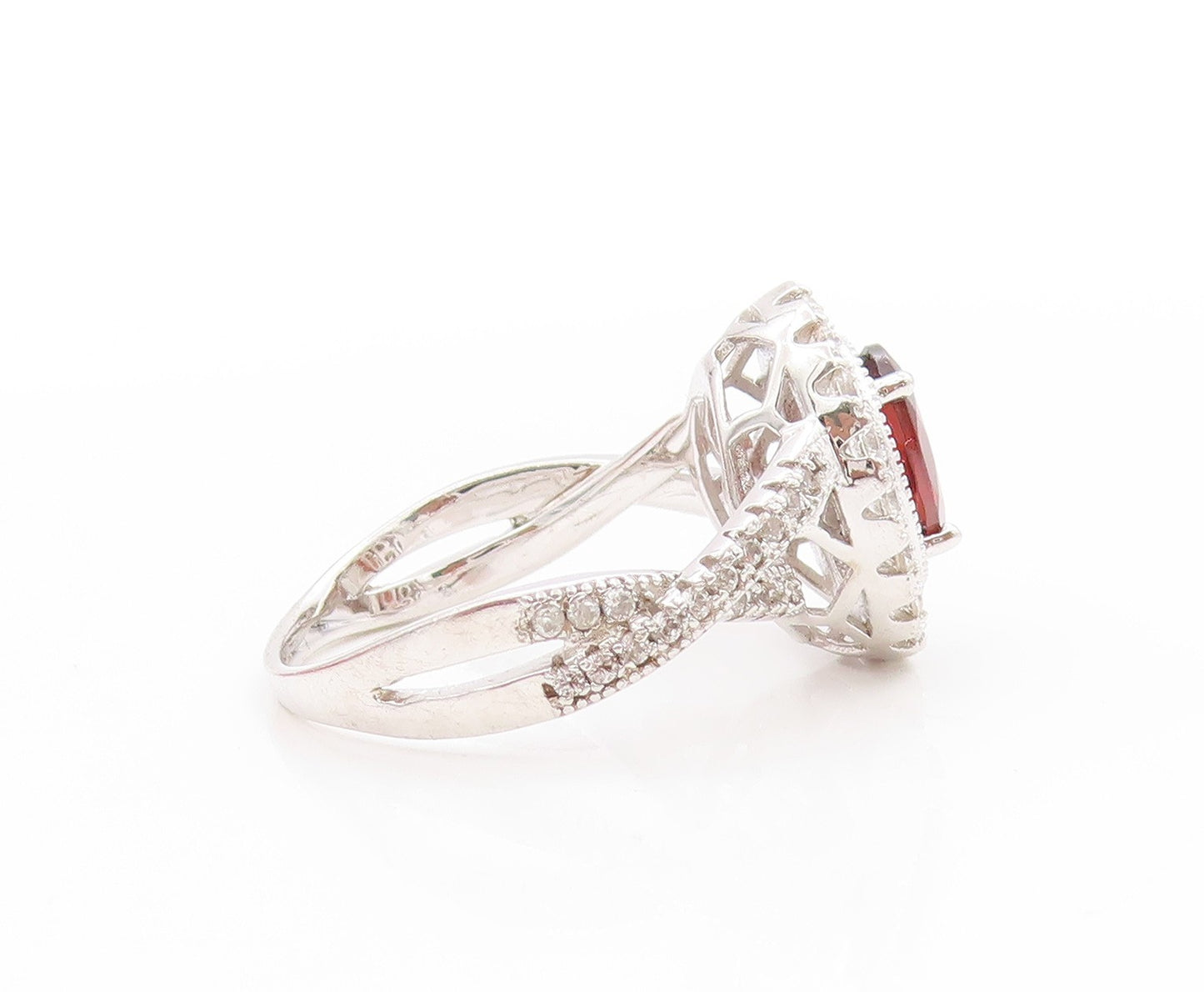 925 Sterling Silver Vintage Ring Red Garnet & Halo CZ Split Band  Sz 7  RG33630