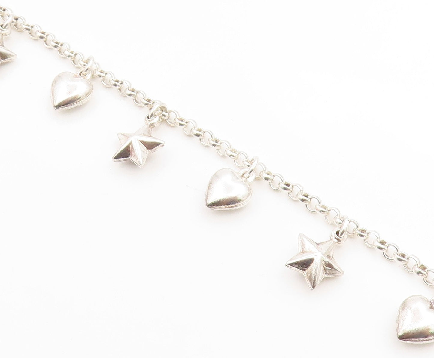 925 Sterling Silver Vintage Bracelet Modernist Love Heart & Star Dangle  BT12047