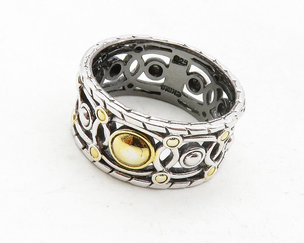 925 Sterling Silver  Vintage Shiny 2 Tone Open Design Band Ring Sz 7  RG12917