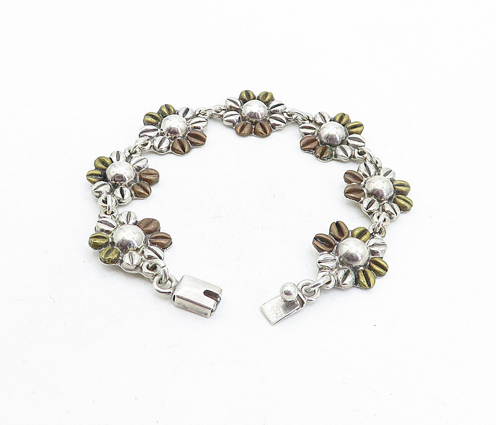 MEXICO 925 Sterling Silver  Vintage 2 Tone Flower Link Chain Bracelet  BT1895