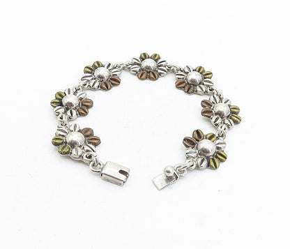 MEXICO 925 Sterling Silver  Vintage 2 Tone Flower Link Chain Bracelet  BT1895