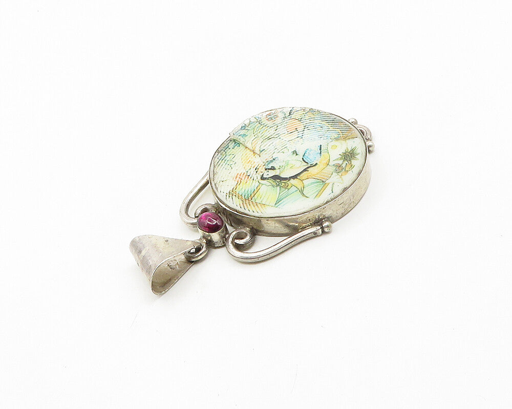 925 Sterling Silver  Vintage Cabochon Cut Topaz Enamel Art Pendant  PT14737