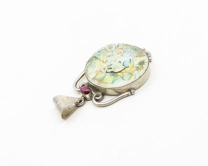 925 Sterling Silver  Vintage Cabochon Cut Topaz Enamel Art Pendant  PT14737