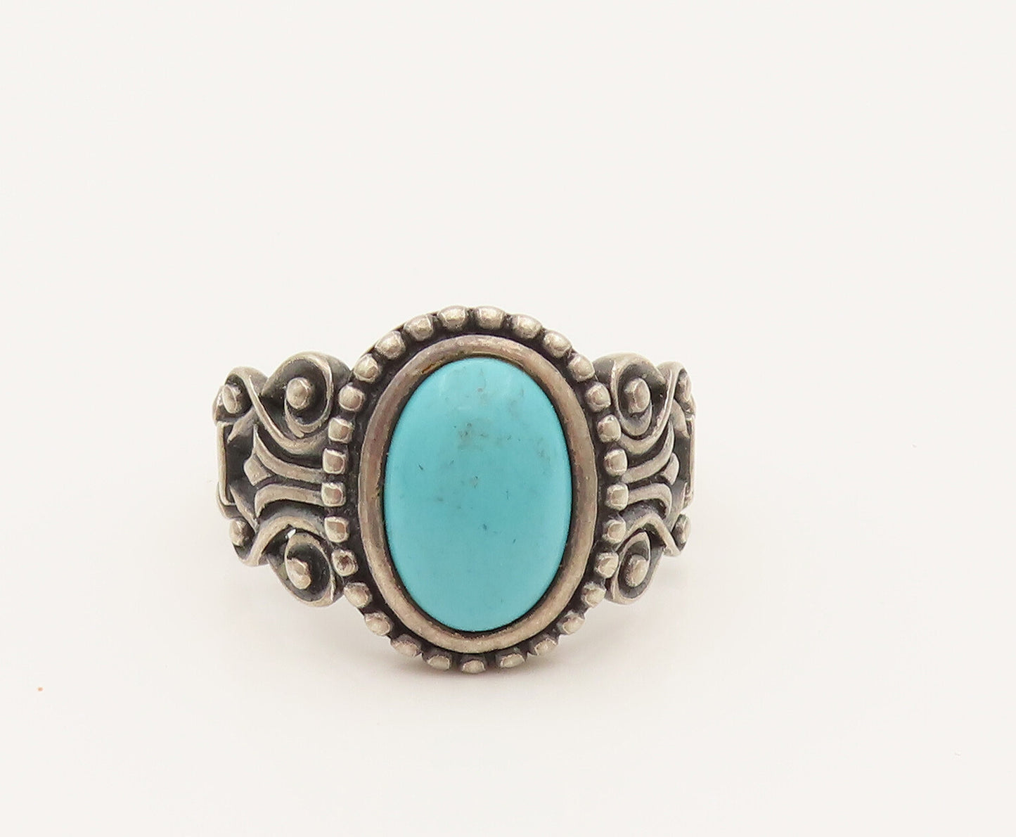 AVON 925 Silver  Vintage Beaded Frame & Open Swirl Turquoise Ring Sz 9 RG26355