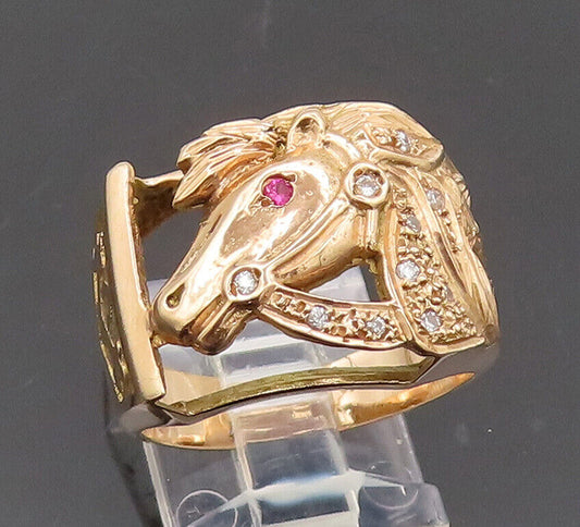 10K GOLD  Vintage Real Diamonds & Ruby Horse Head Good Luck Ring Sz 8  GR705