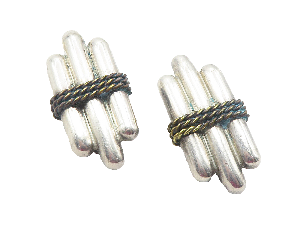 MEXICO 925 Silver  Vintage Two Tone Rope Twist Non Pierce Earrings  EG6117