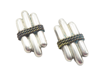 MEXICO 925 Silver  Vintage Two Tone Rope Twist Non Pierce Earrings  EG6117