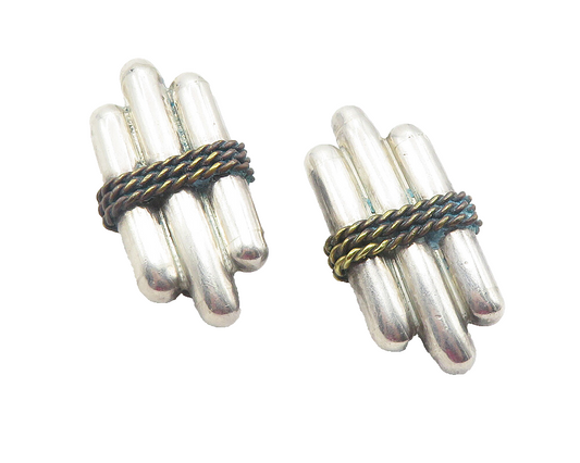 MEXICO 925 Silver  Vintage Two Tone Rope Twist Non Pierce Earrings  EG6117