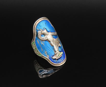 CHINESE 925 Silver  Vintage Enamel Carved Man With Robe Ring Sz 6  RG25816