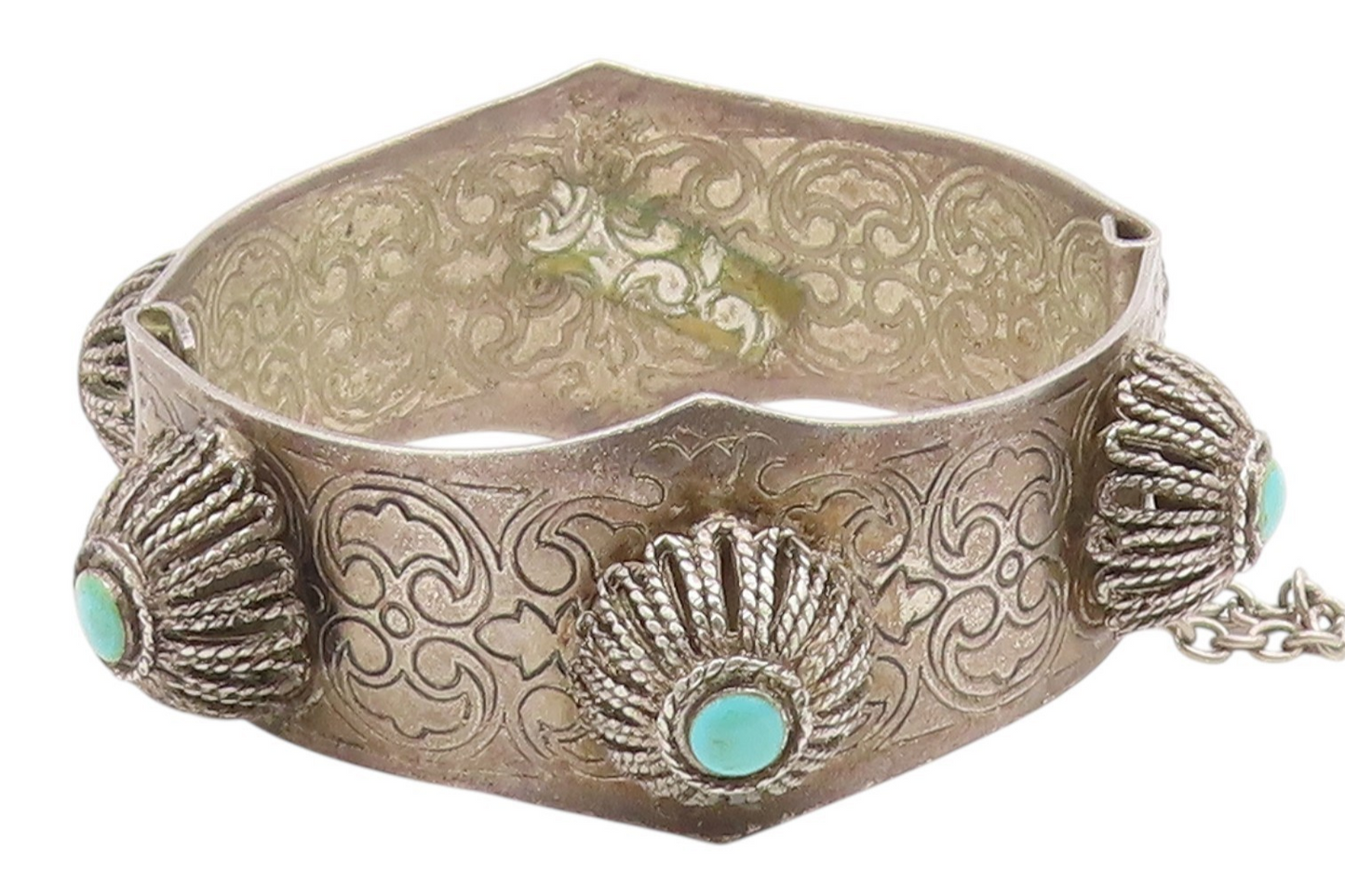MIDDLE EAST 925 Silver  Vintage Floral Turquoise Etched Bangle Bracelet BT9366