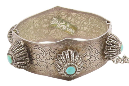 MIDDLE EAST 925 Silver  Vintage Floral Turquoise Etched Bangle Bracelet BT9366