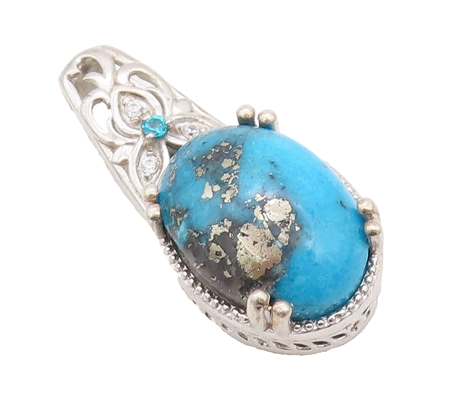 925 Sterling Silver Vintage Pendant Carved Diamonds & Oval Turquoise  PT23506